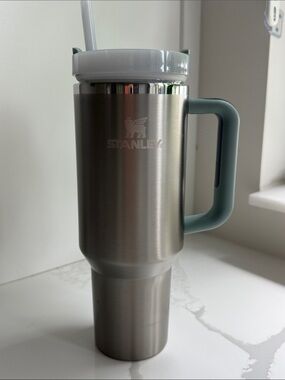 Stanley Silver Tumbler with Seafoam Green Handle and White Lid